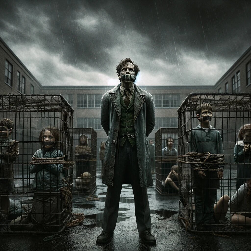 DALLE 2024-03-17 20.56.00 - In a dreary schoolyard, the atmosphere is tense and ominous. The sky overhead is gray and heavy with the threat of rain, casting a pall over the scene.jpeg